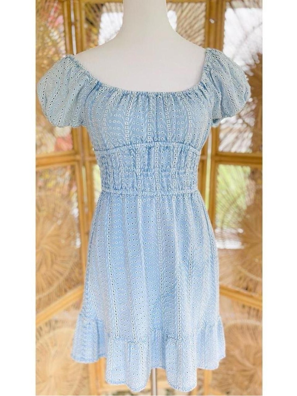 Sim & Sam Chambray Eyelet Dress Babydoll Puff Sleeve Light Blue Acid Wash Small
